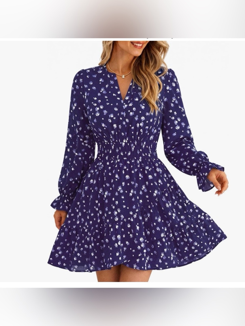Women’s Navy Floral Long-Sleeve Smocked Waist Dress NEW XL